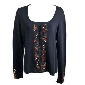 CABO Women's Black Embroidered Beaded Boho Aztec Eclectic Long Sleeve Top Size L